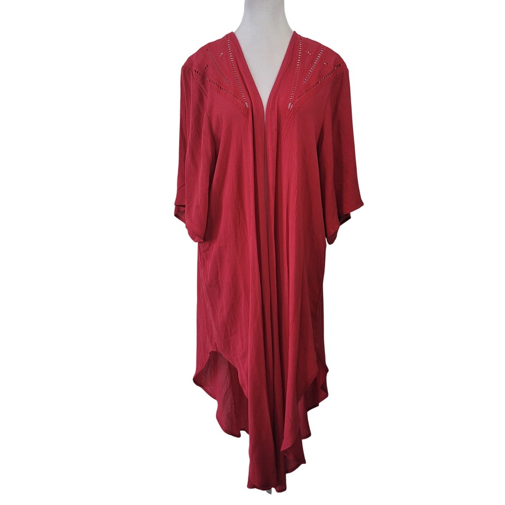 Torrid Red Crinkle Gauze Faggoting Kimono Open Front Cardigan 00/0 New‎ 13166406